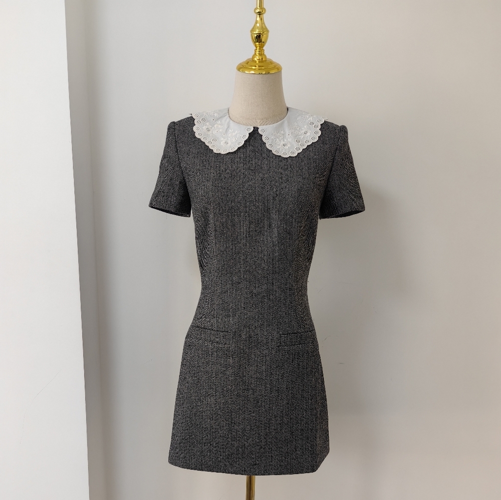 Self-Portrait Grey Herringbone Collared Mini Dress - image 7